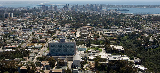 Aerial image of UC San Diego Medical Center in Hillcrest.